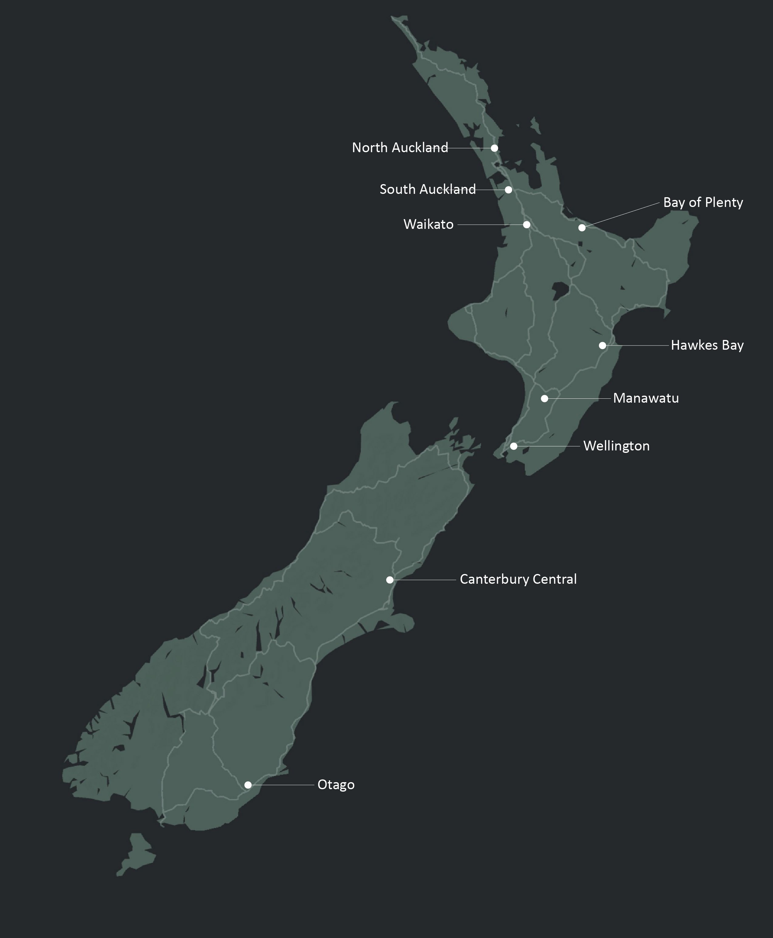 Map of nine regional hubs across New Zealand
