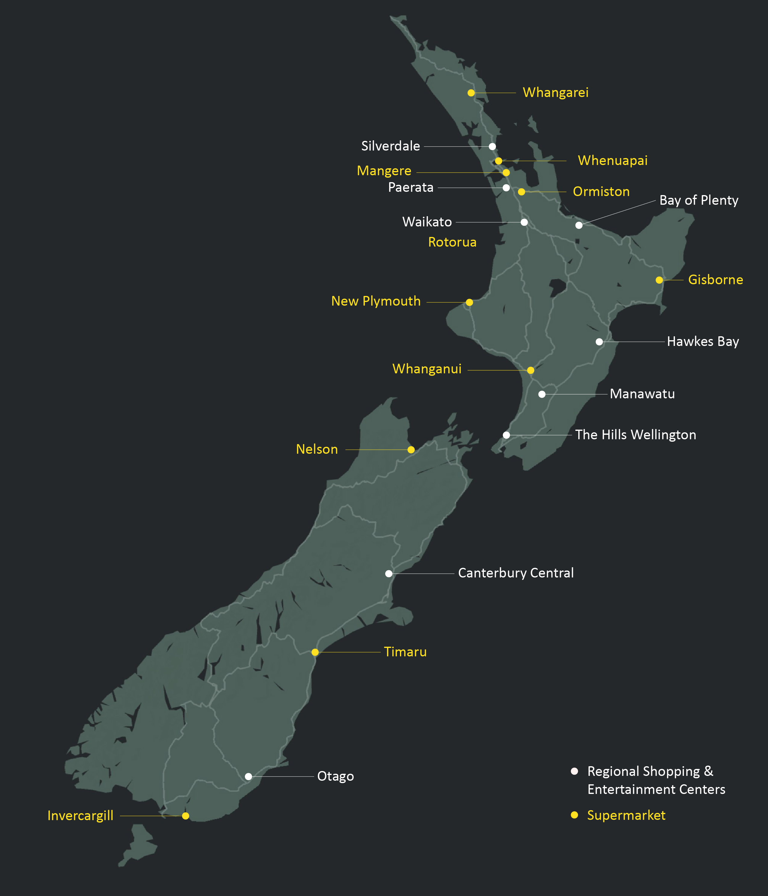 Map of New Zealand showing 20 regional sites